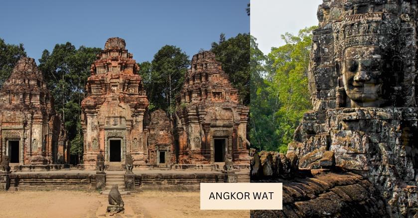 2 images - on the left are the pagodas and temples from ancient Angkor Wat. On the right is the smiling faces carved on a rock in Angkor Wat