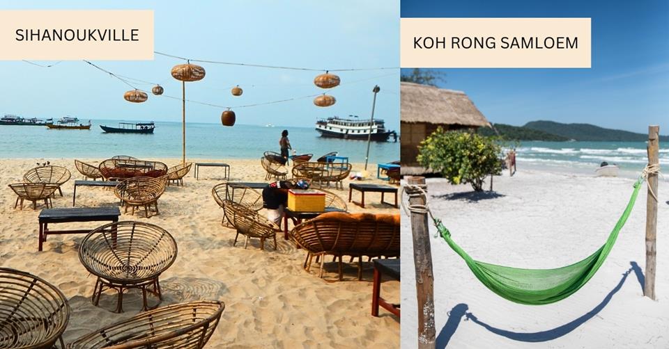 2 images - on the left are the wooden beach chairs along the beach of Sihanoukville. On the right is a hammock set up in a beach in Koh Rong Samloem