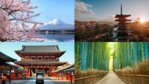 4 images - top left is Mount fuji. Top right is the Chureito pagoda. Bottom right is bamboo forest. Bottom left is Sensoji Temple - 3 WEEKS IN JAPAN ITINERARY