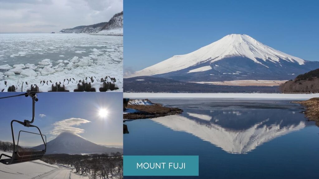 3 images of Mount Fuji and skiing in Japan
