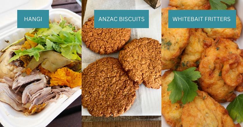 3 images of food from New Zealand - on the left is a plate of hangi, in the middle are three anzac biscuits. on the right is a plate of whitebait fritters - 3 WEEKS IN NEW ZEALAND ITINERARY