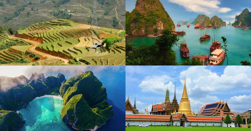 4 images - top left is a rice paddy in Sapa. Top right i the boats in ha long bay. bottom right is the Grand Palace of Bangkok. Bottom left is the kart stone of Phuket - 3 Weeks in Thailand and Vietnam Itinerary