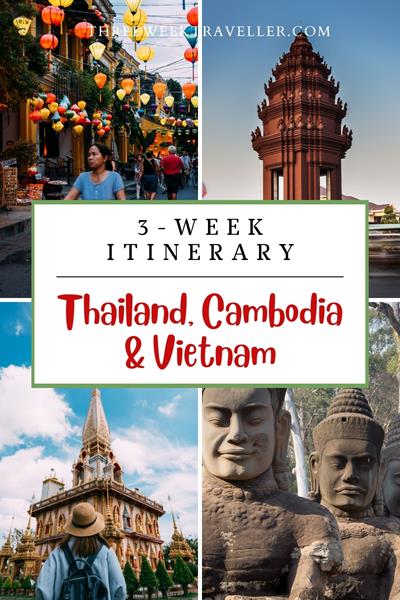 A 3-week itinerary for Thailand, Cambodia, and Vietnam includes exploring Bangkok's temples, Angkor Wat's ancient ruins, and Hanoi's Old Quarter. Relax on Phuket's beaches, cruise Ha Long Bay, and experience Ho Chi Minh City's vibrant culture. via @threeweektraveller