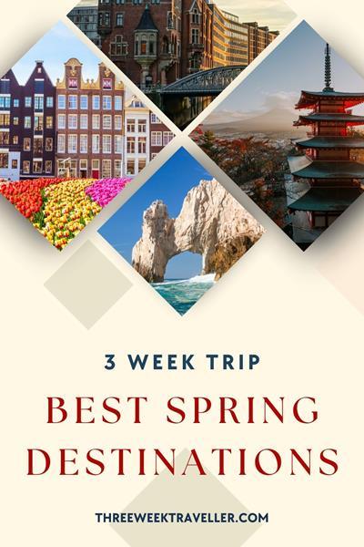 Top spring holiday destinations include Japan’s cherry blossom season in Kyoto, the Netherlands’ tulip fields in Keukenhof, Paris’ blooming gardens, Washington D.C.’s cherry blossoms, and Italy’s Amalfi Coast, offering stunning natural beauty and pleasant weather. via @threeweektraveller