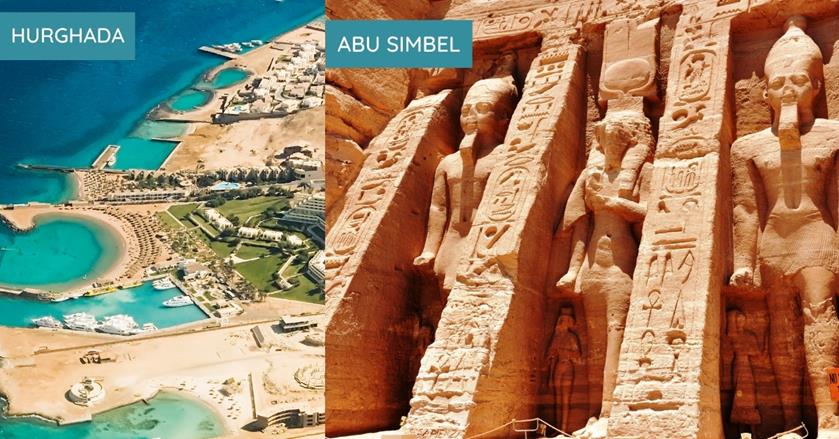 2 images - on the left is the coastline along the shore of hurghada. on the right are the statues of abu simbel