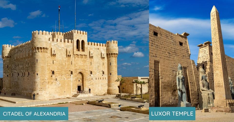 2 images - on the left is the palace of citadel of Alexandria. on the right is the Luxor Temple.