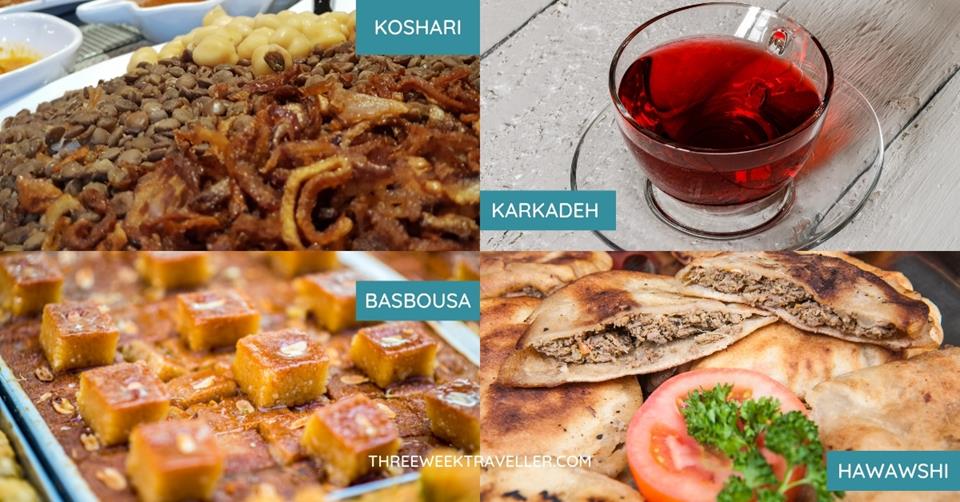 4 images of Egyptian dishes - on the top left is a plate of koshari. top right is the cup of karkadeh. bottom right is a plate of hawawshi. bottom left is a tray of basbousa - 3 Weeks in Egypt Itinerary