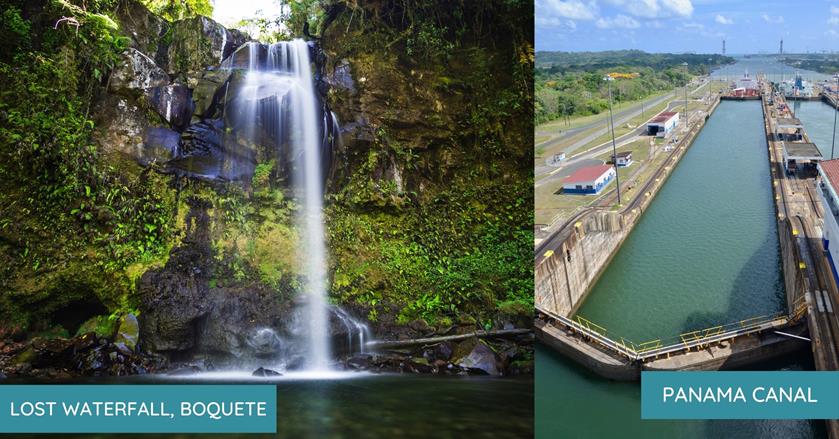 2 images - on the left is a waterfall in boquete. on the right is the panama canal