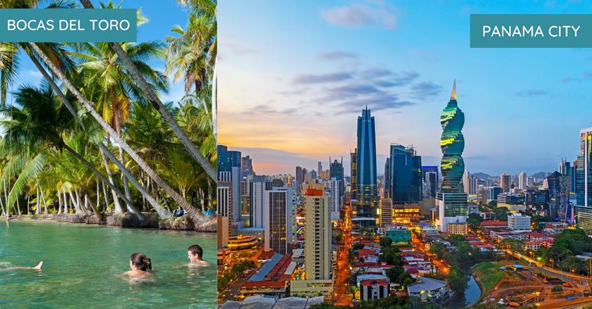 2 images - on the left is people swimming in bocas del toro. on the right is the skyscrapers of panama city