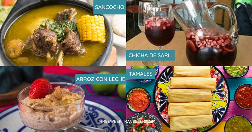 4 images of panamian dishes - top left is a bowl of sancoho. top right is a glass and pitcher of chicha de saril. bottom right is a plate of tamales, bottom left is a small bowl of arroz con leche - 3 Weeks in Panama Itinerary