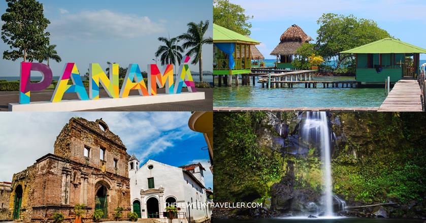 4 images - top right is a signage of colourful panama. top right are bungalows on stilts. bottom right is a waterfalls. bottom left is an old church in panama - 3 Weeks in Panama Itinerary