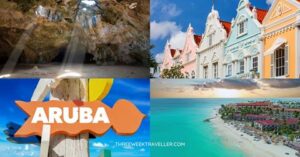 4 images - top left os a cave with lights coming from the ceiling. Top right is the colonial houses along Oranjestad. Bottom right is the shoreline with sandy beach in Eagle Beach. Bottom left is a colourful sign that says "Aruba"- 3 Weeks in Aruba Itinerary