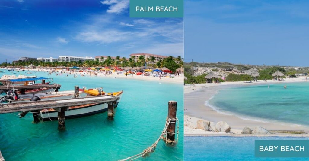 2 images - on the left is a line of boats anchored in Palm Beach. On the right is the sandy and shallow Baby Beach.