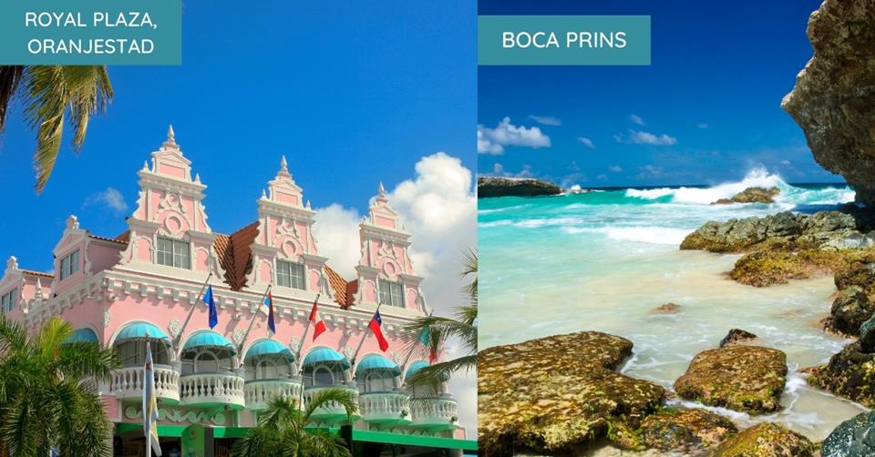 2 images - on the left is the pink colonial building of Royal Plaza in Oranjestad. On the right is the rocky beach of Boca Prins