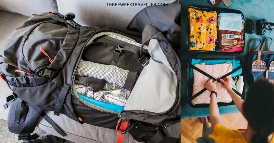 2 images - om the left is a black backpack with clothes folded in side. on the right is a woman wearing yellow shirt packing a suitcase.
