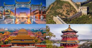 4 IMAGES - top left is Beijing Zhengyang Cate. Top right is the Great Wall. Bottom right is Summer Palace in Beijing. Bottom left is the Forbidden City - 3 Weeks in China Itinerary