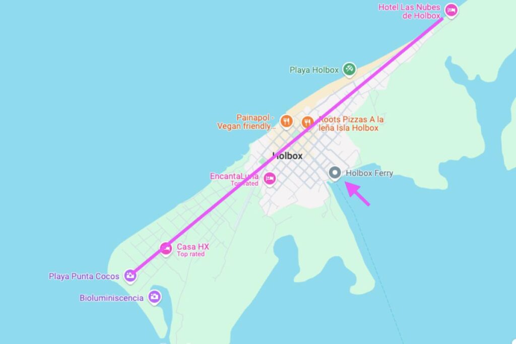 Zoomed in hostel map of Holbox