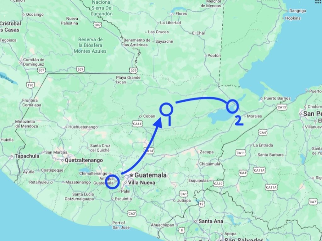 Map of Part 2 of our 3 week route around Guatemala