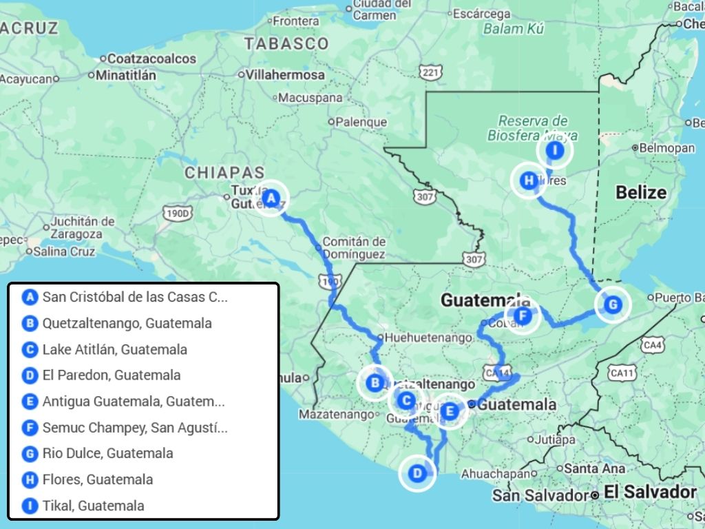 The map of the 3 week Guatemala Itinerary