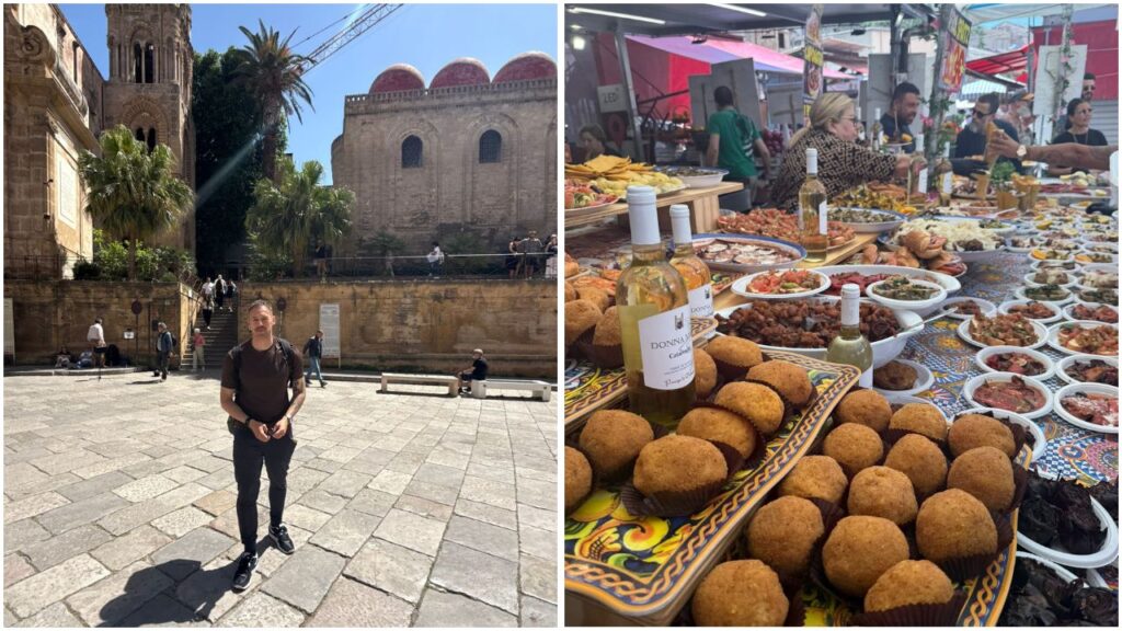 Me outside the church and some Arancini in Ballaro street market, my new favourite snack.